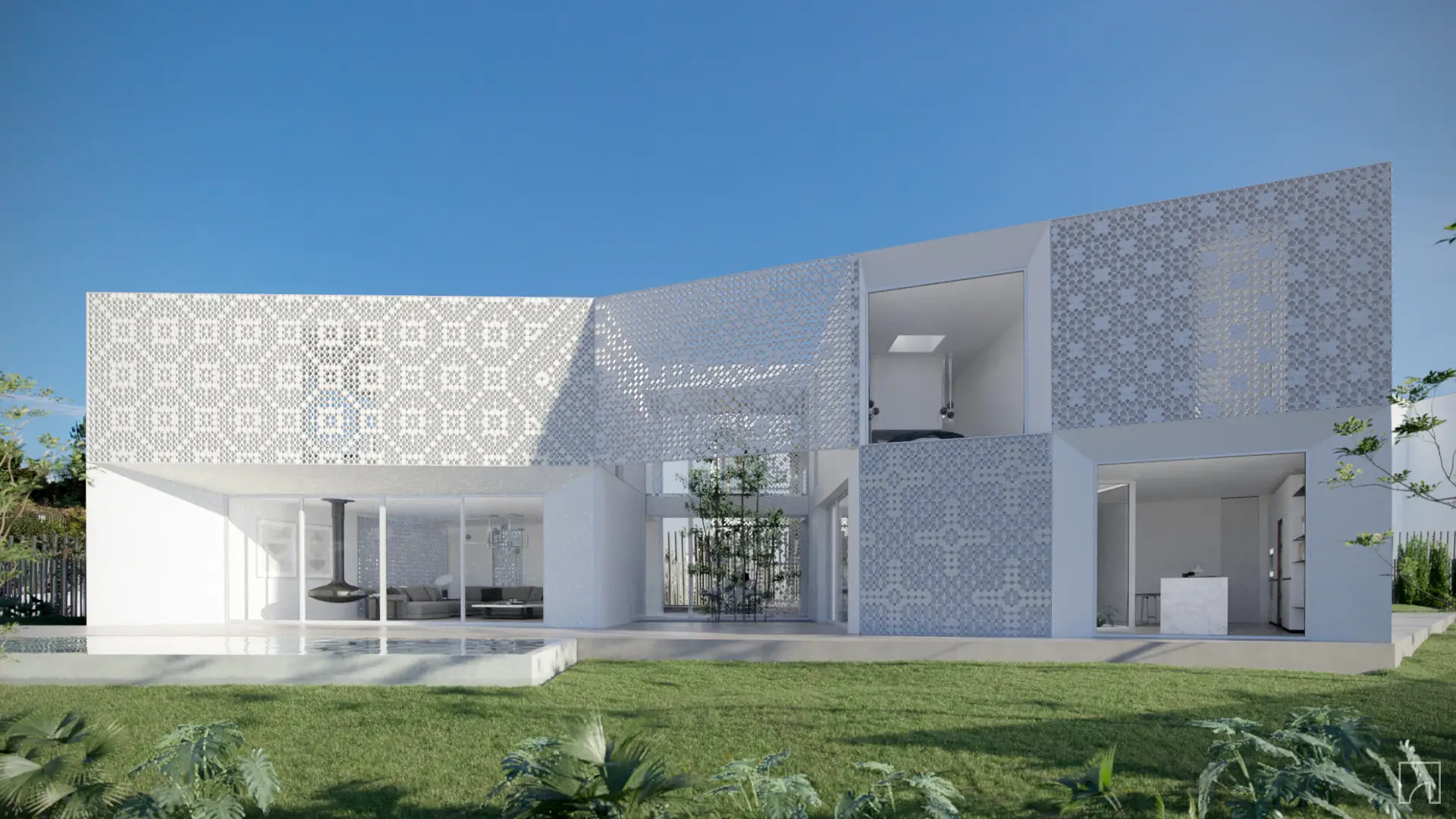 Photorealistic exterior render of modern white villa with decorative cobogó screen facade creating geometric patterns