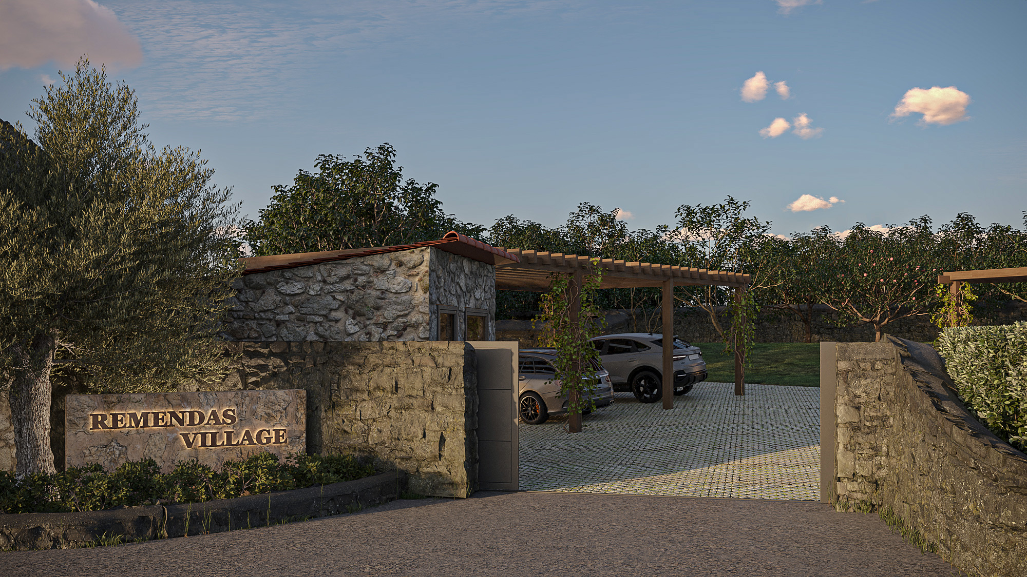 3D render of a development entrance at night with pergola parking, stone paving and illuminated stone wall signage