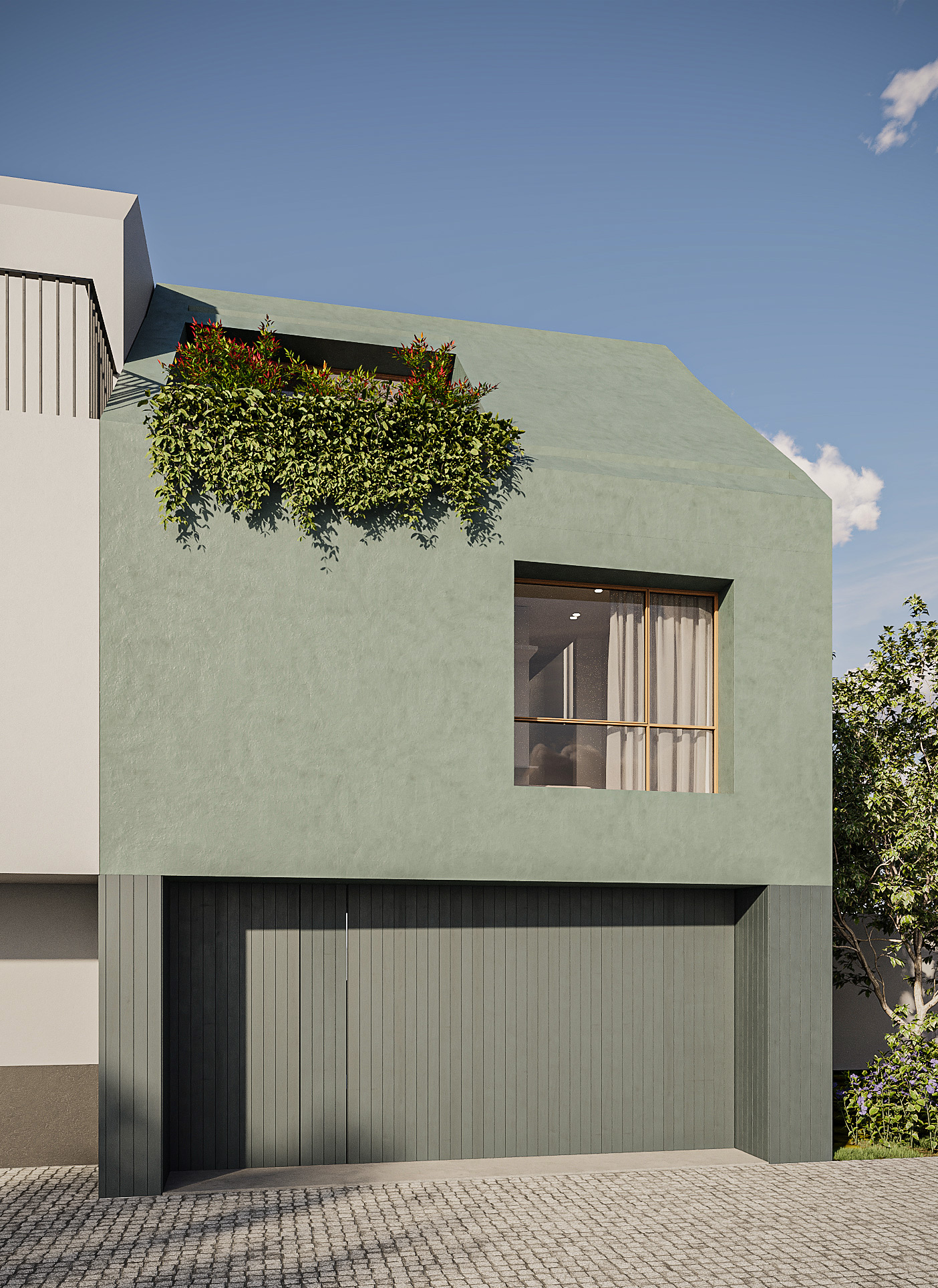 Contemporary house exterior render with green walls and sloped roof Contemporary house exterior render with green walls, sloped roof and timber paneling on the garage and front door