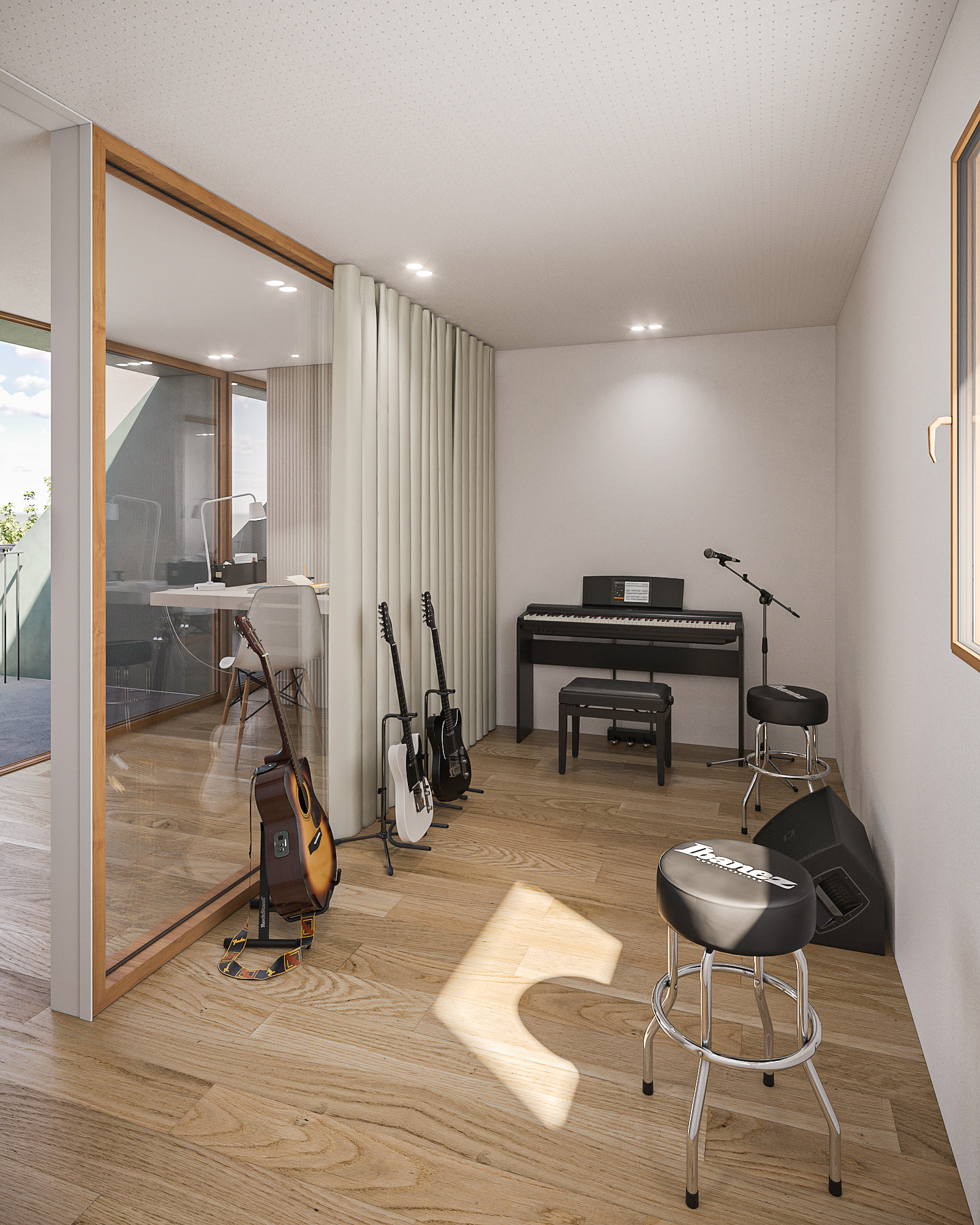 Contemporary home office interior render with work area and music room with acoustic ceiling Contemporary home office interior render with work area and music room with acoustic ceiling