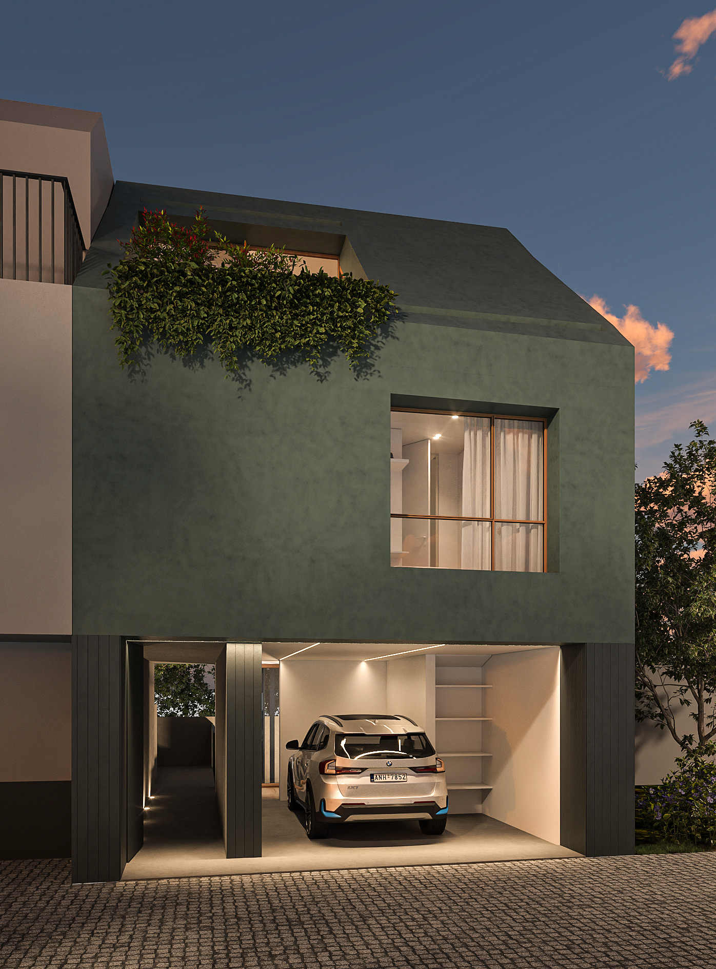 Photorealistic villa facade visualization at night with polished concrete floor garage Photorealistic villa facade visualization at night with polished concrete floor garage and built-in shelves