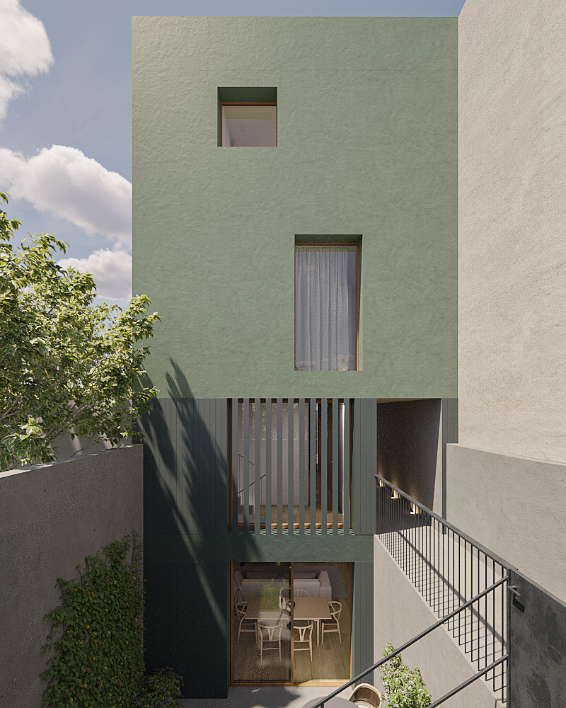Modern facade render with vertical timber painted slats Modern facade render with vertical timber painted slats, small courtyard and metal railing