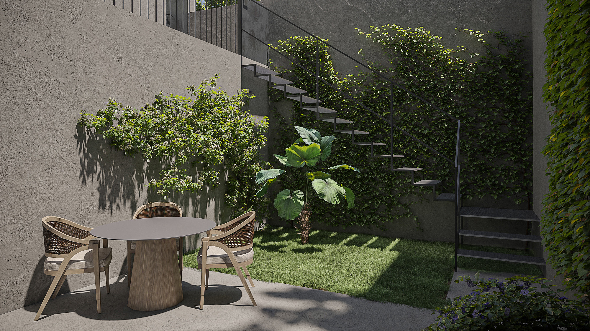Contemporary courtyard garden visualization with metal stairs Contemporary courtyard garden visualization with metal stairs, concrete walls and a small lawn