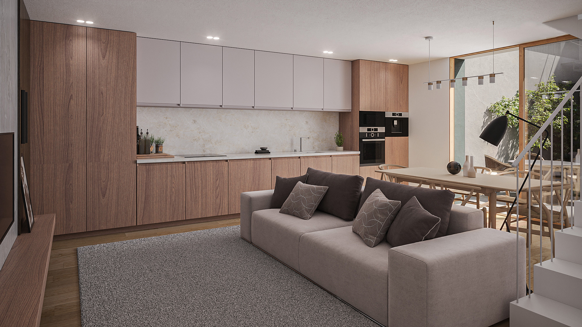 Contemporary open-plan home interior with timber cabinets Contemporary open-plan home interior with timber cabinets, rugs and zoned furniture layout