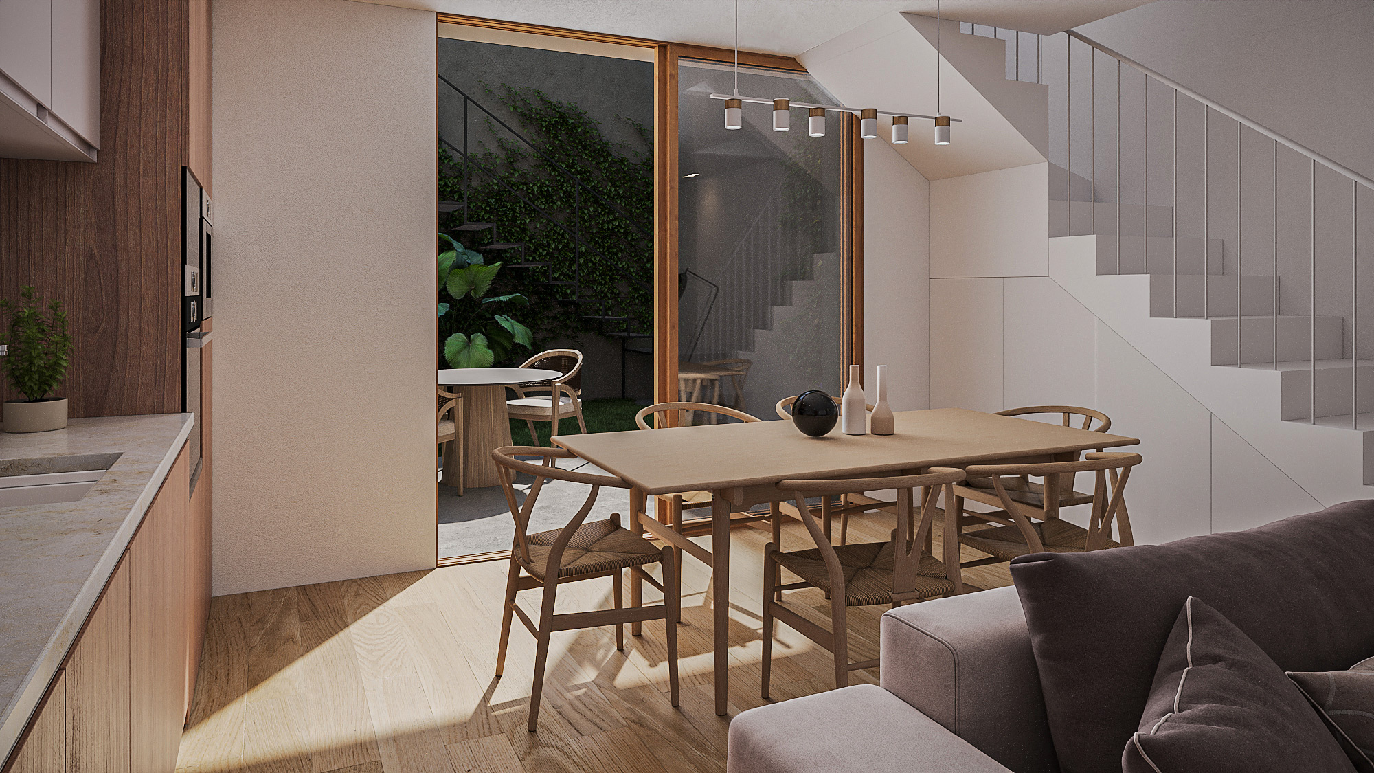 Modern dining space visualization with built-in storage on the stairs Modern dining space visualization with built-in storage on the stairs, timber table, and large windows