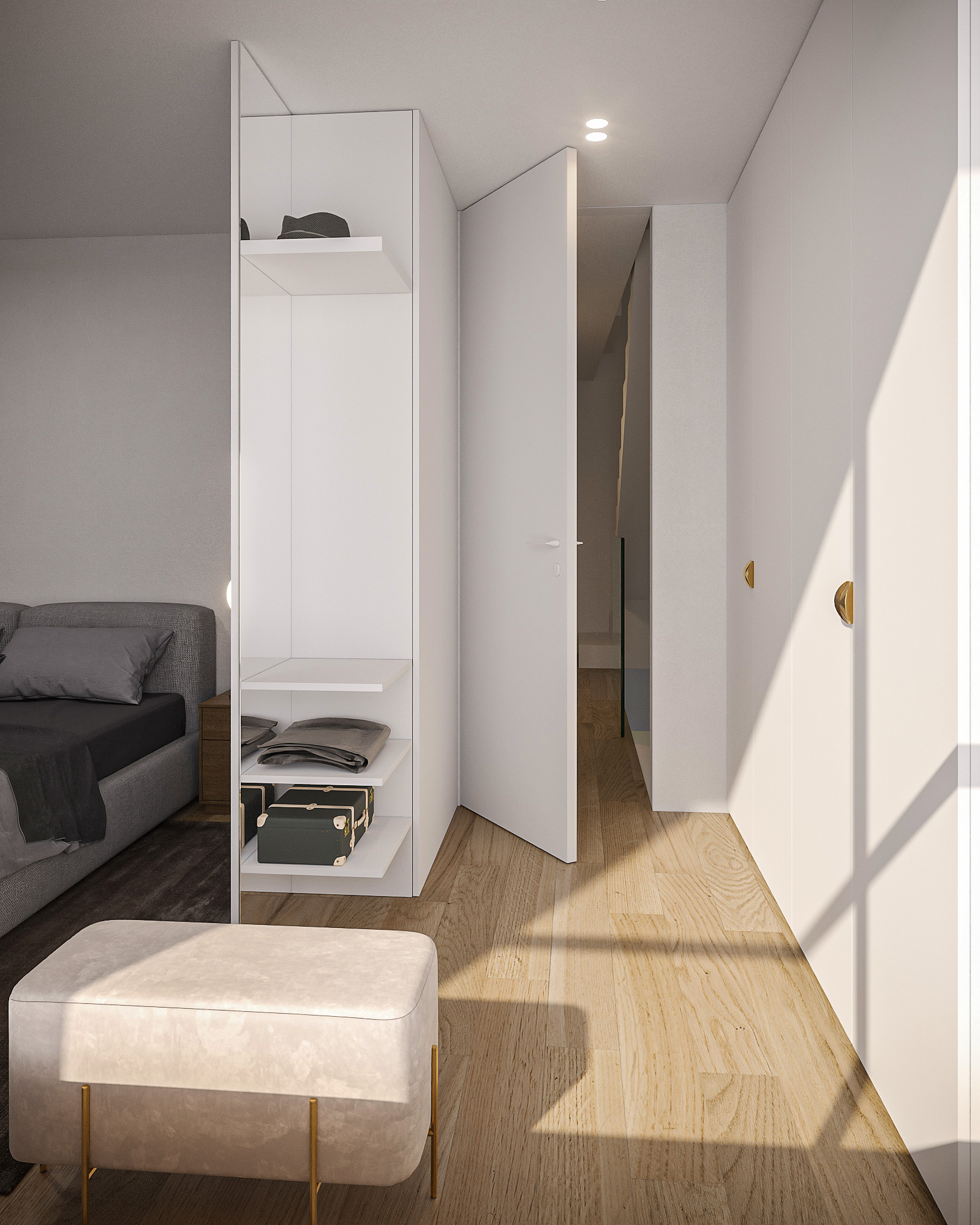 Comporary bedroom render featuring a walk-in wardrobe Comporary bedroom render featuring a walk-in wardrobe with built-in joinery