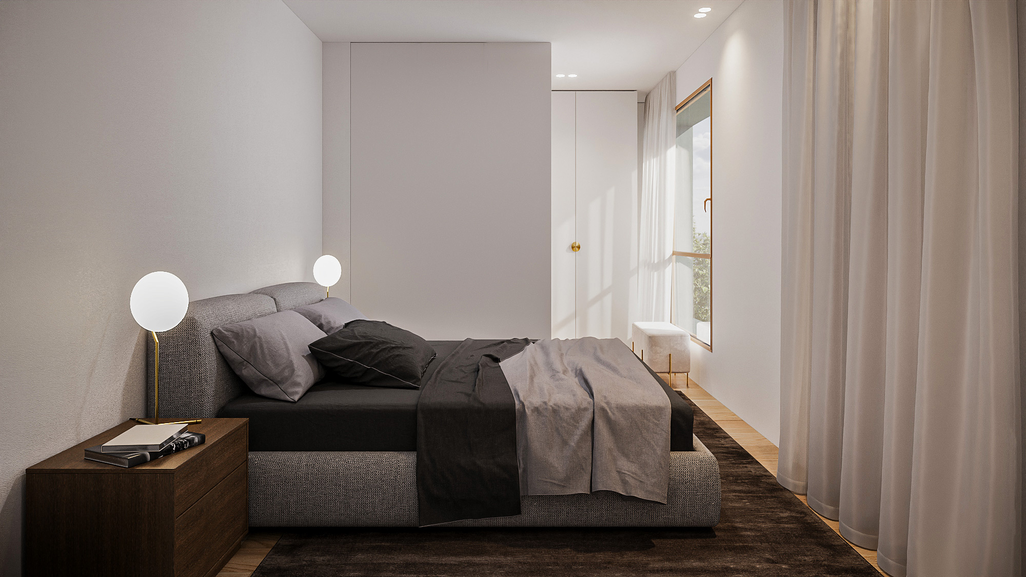 hotorealistic bedroom visualization with walk-in wardrobe Photorealistic bedroom visualization with walk-in wardrobe, floor-to-ceiling curtains and layered soft furnishings