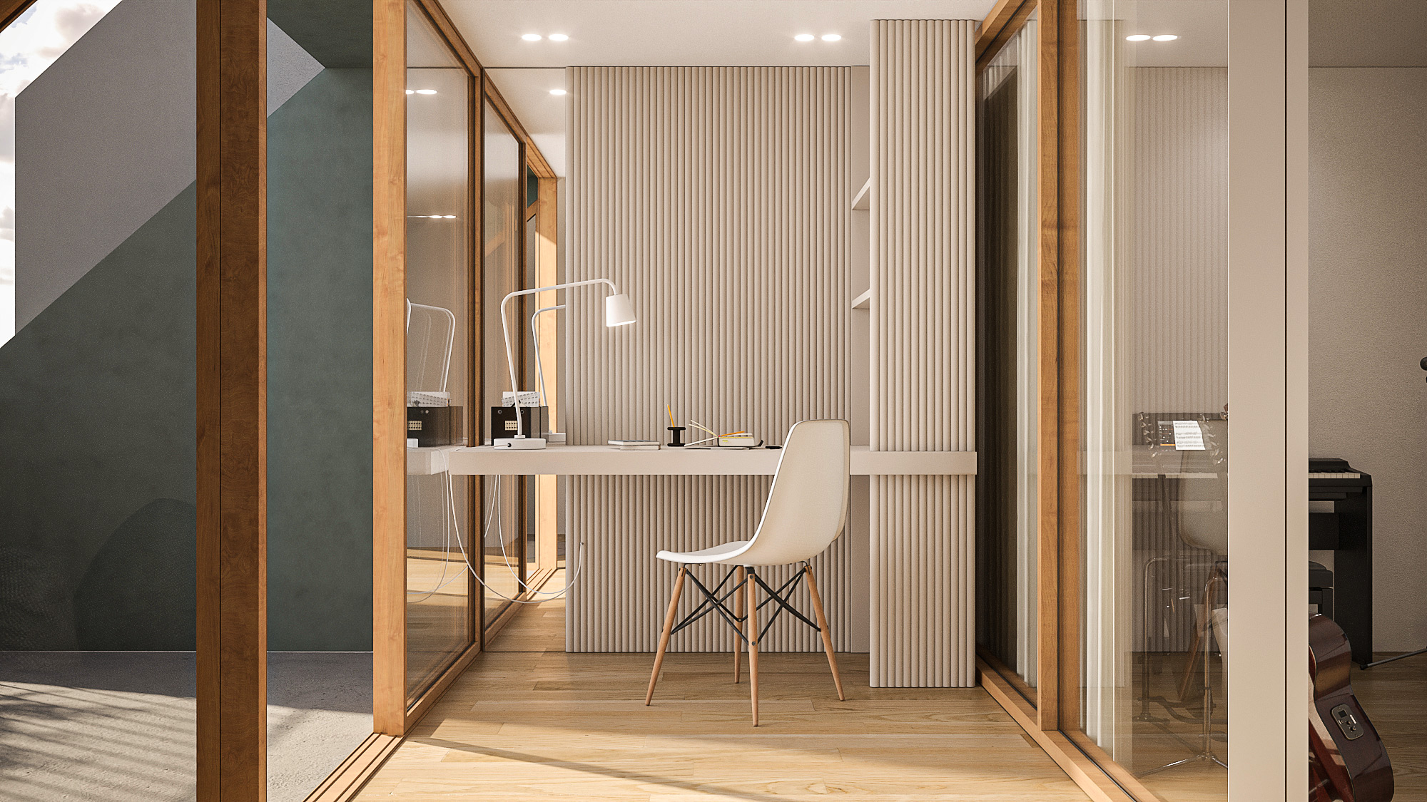 Residential home office render with built-in cabinetry and large windows Residential home office render with built-in cabinetry, large windows and private terrace