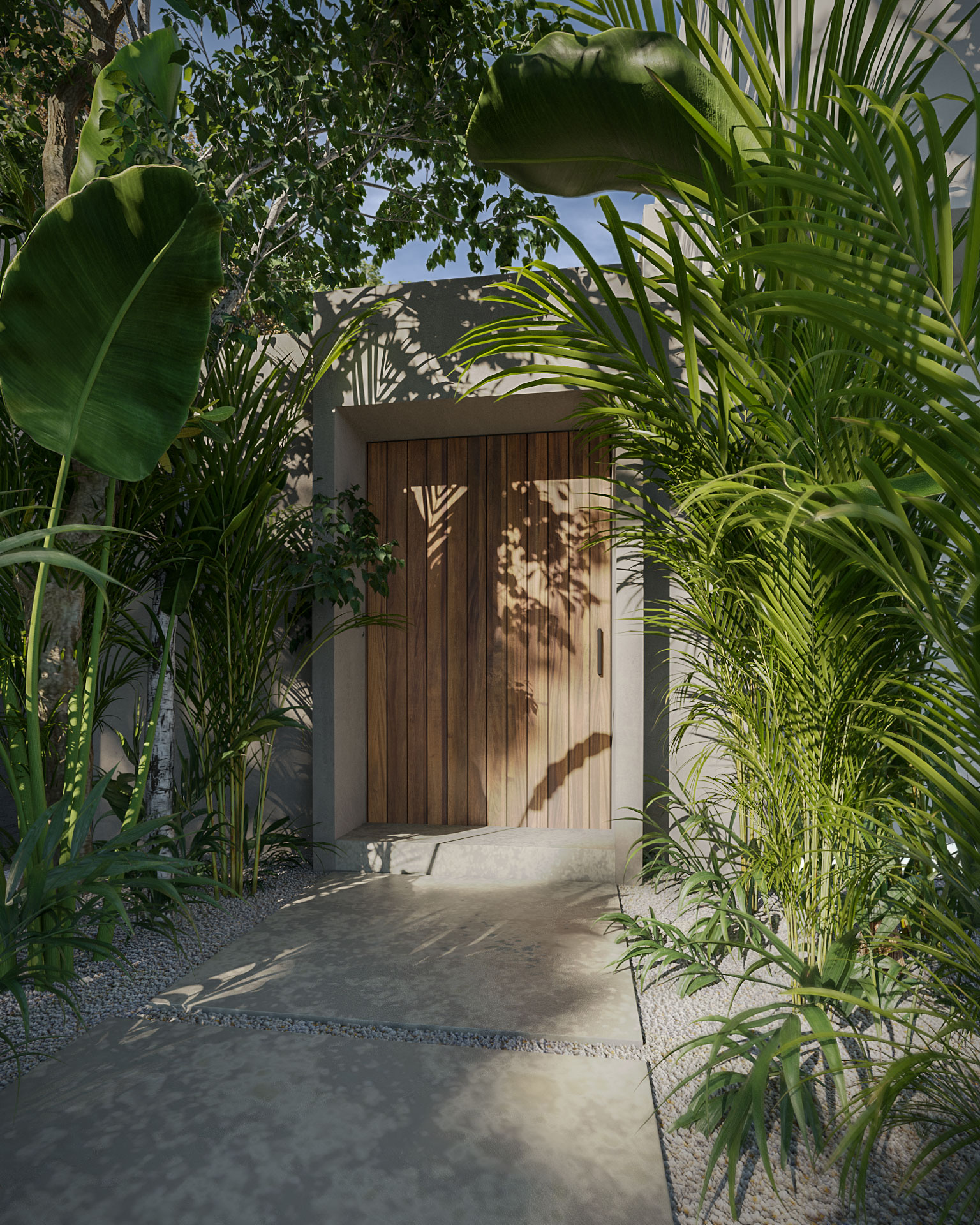 3D render of a modern entrance with concrete slabs gravel and greenery of Areca House