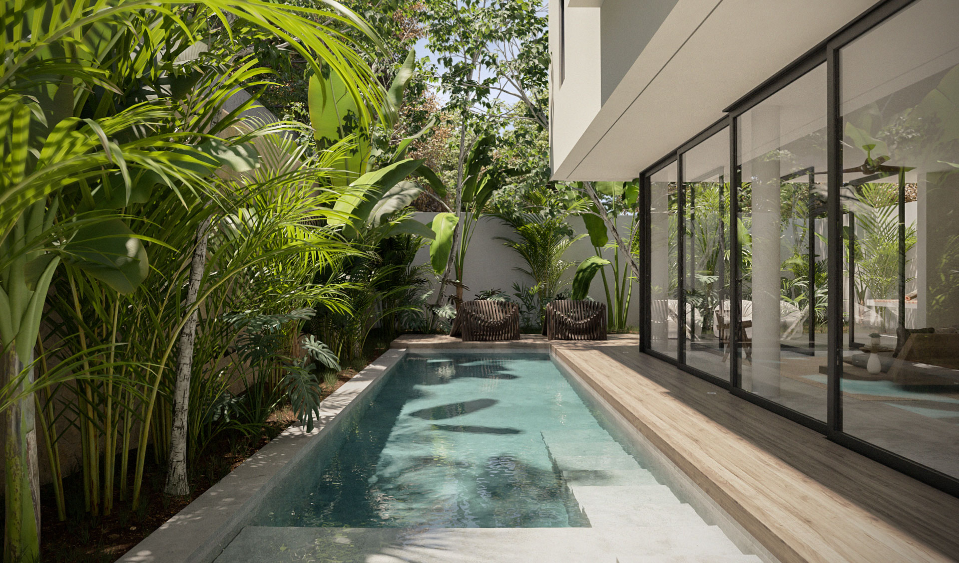 CGI poolside environment with lounge area and greenery or Areca House in Tullum, Mexico