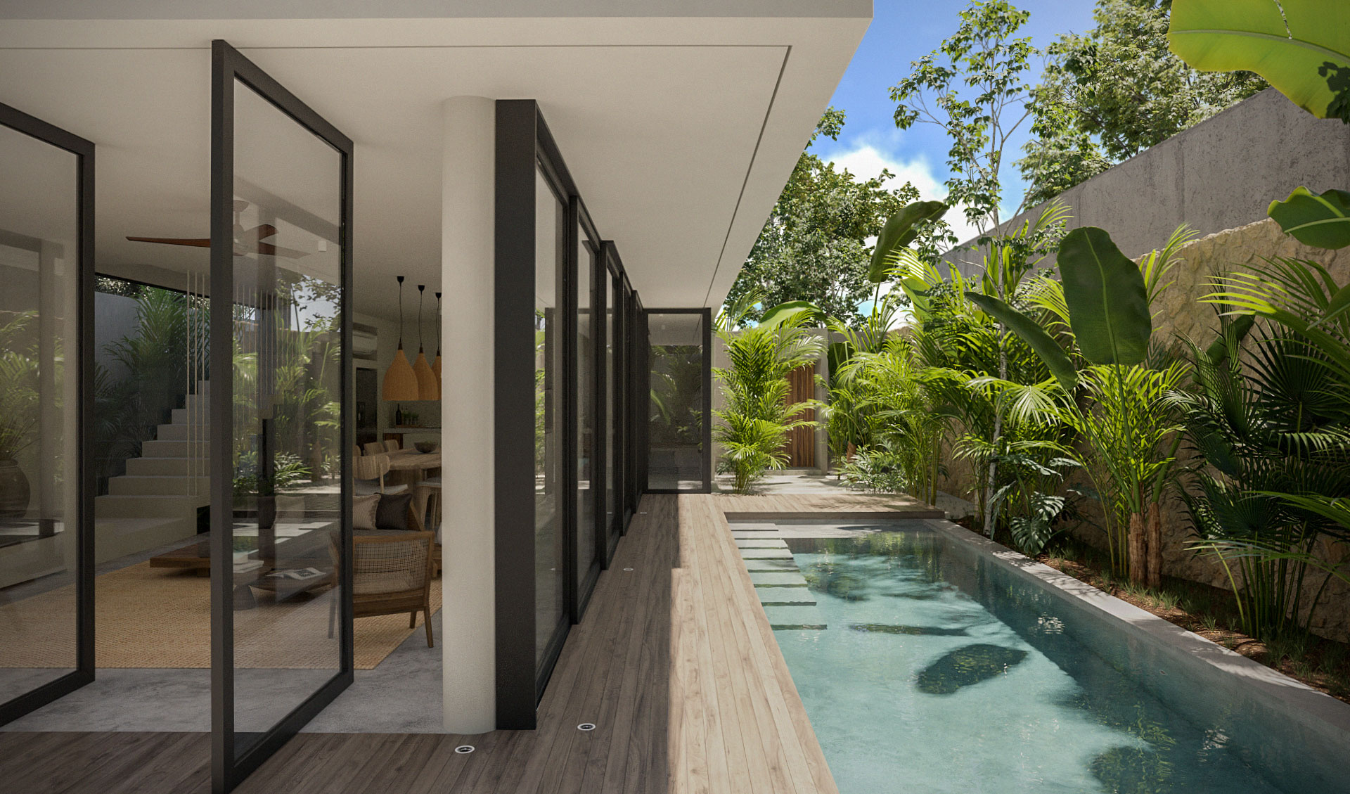 3D render of a modern swimming pool with surrounding terrace with close contact to kitchen, living and dinning room
