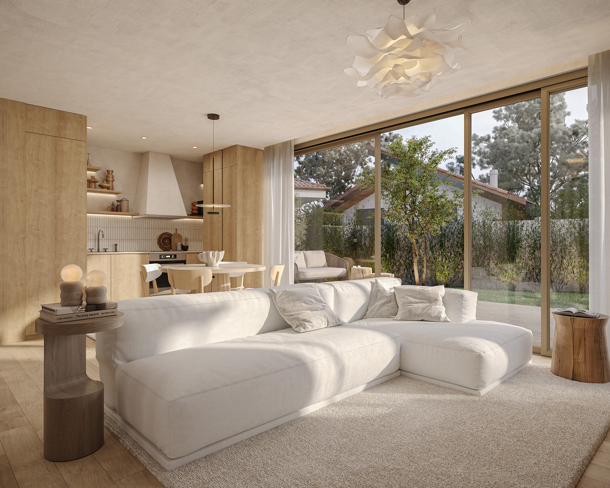 Photorealistic open space visualization with seamless layout, natural light and garden views