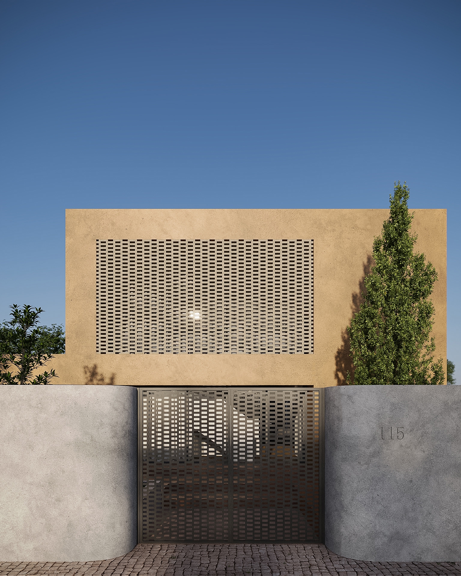 Contemporary home render with geometric screen-wall facade Contemporary home exterior render featuring flat roof and geometric screen-wall facade