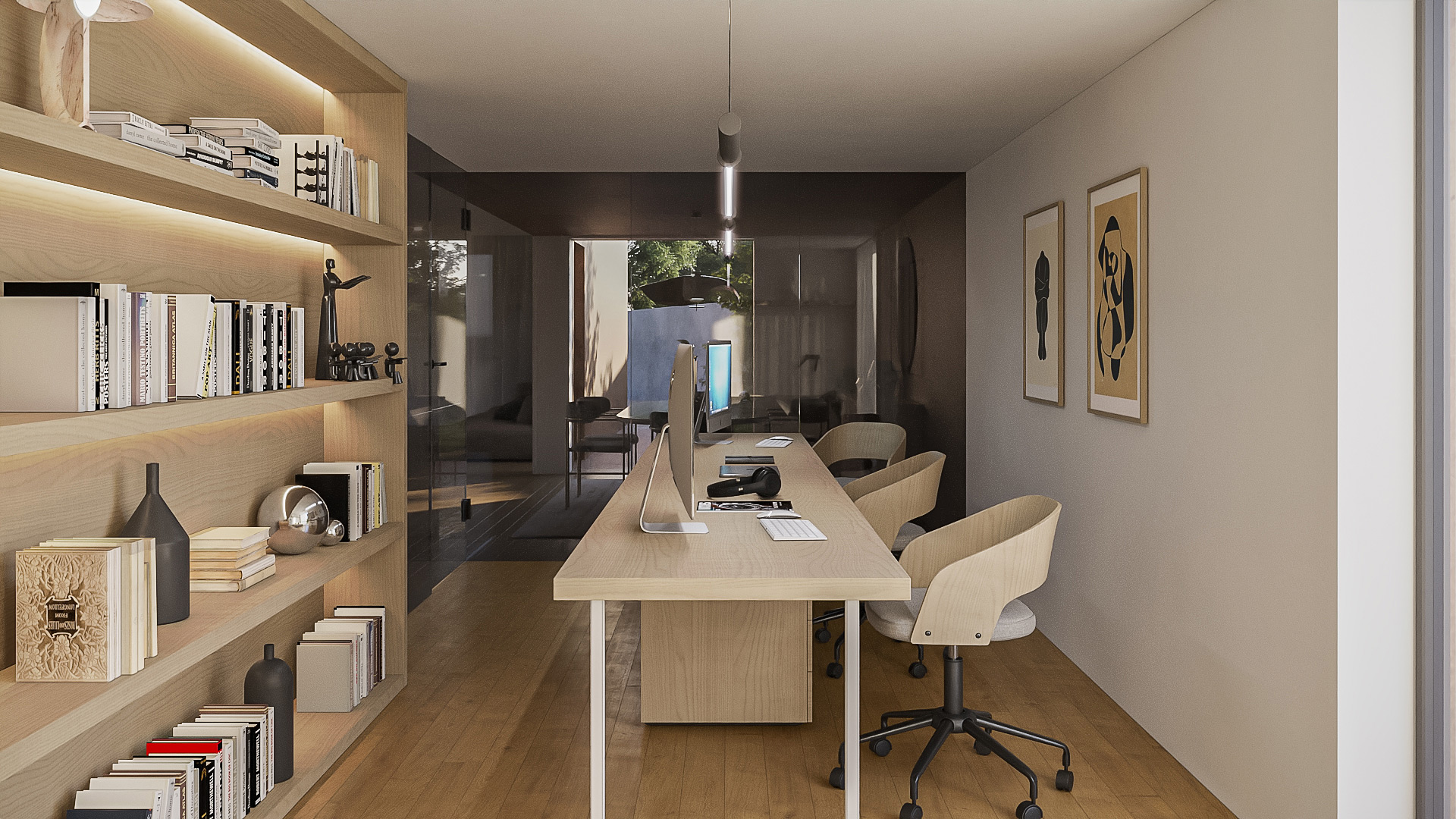 home office 3D render with glass walls Luxury home office 3D render with floor-to-ceiling bookcase, large desk and glass walls
