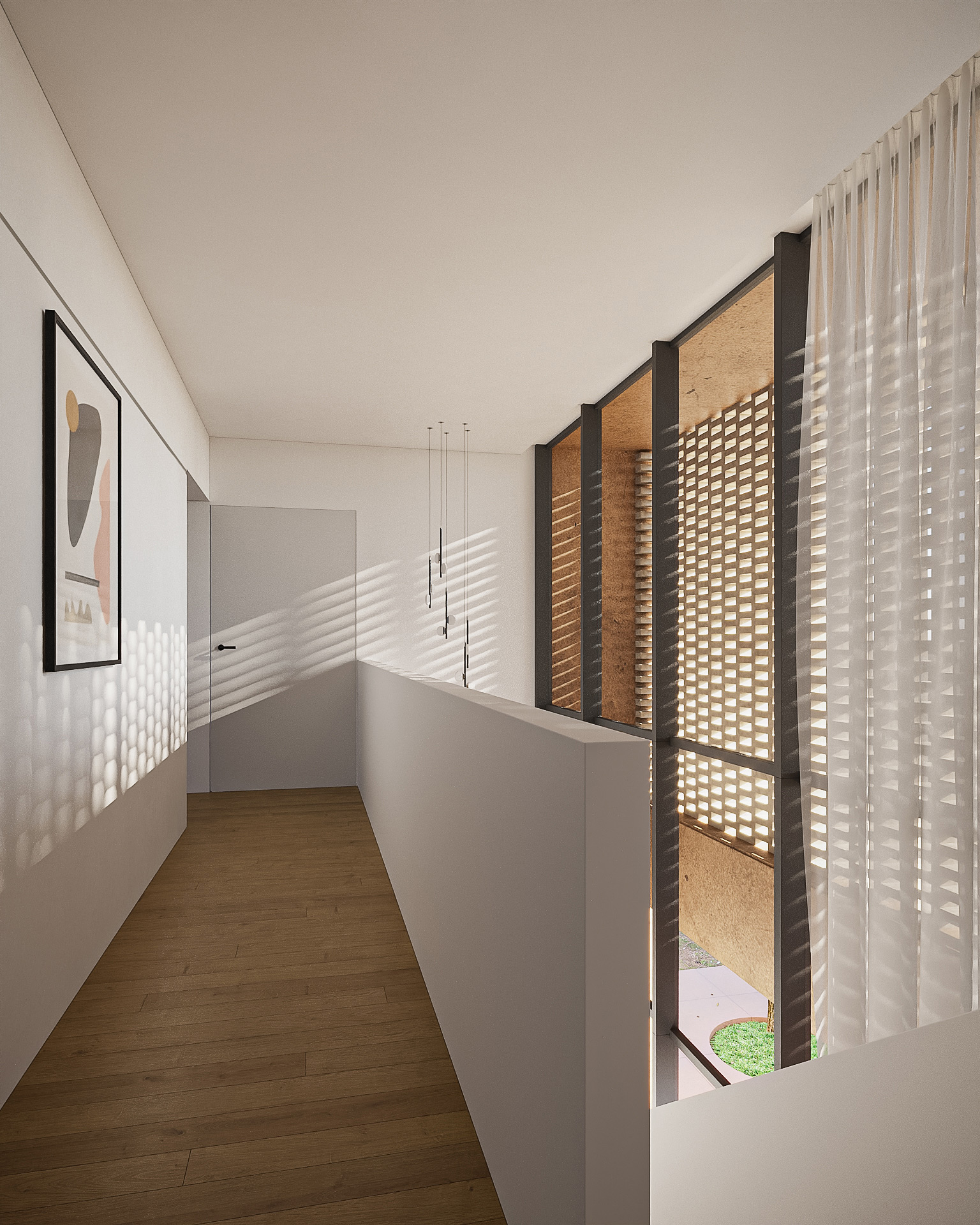 Hallway render with double-height void Grand hallway render with double-height void, chandelier and geometric screen-wall facade