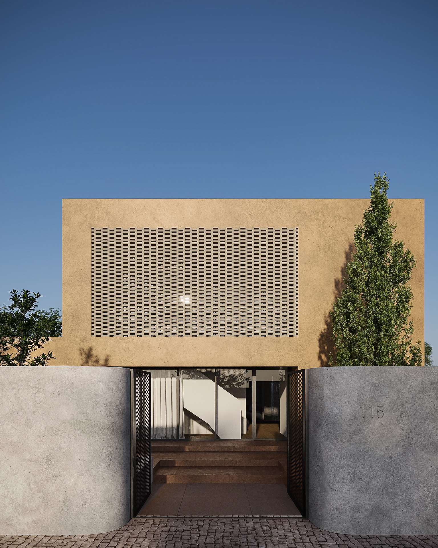 Facade visualization with double-height entrance Luxury residential facade visualization with double-height entrance and large glazing