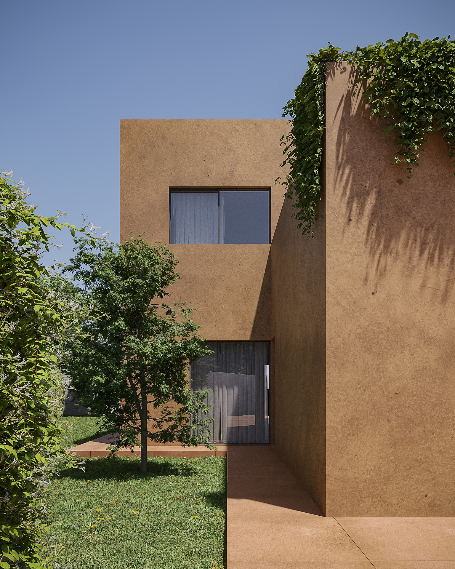 Residential facade with minimalist geometry Architectural rendering of a residential facade with minimalist geometry, manicured lawn and relaxing outdoor environment