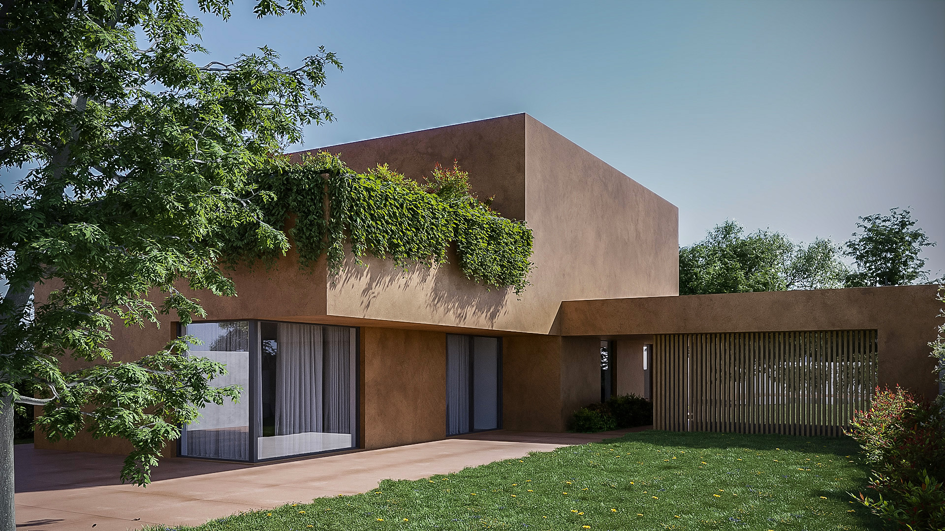 CGI exterior of a modern home with simple volumes CGI exterior of a modern home with natural materials, simple volumes, specimen trees and stone pathways