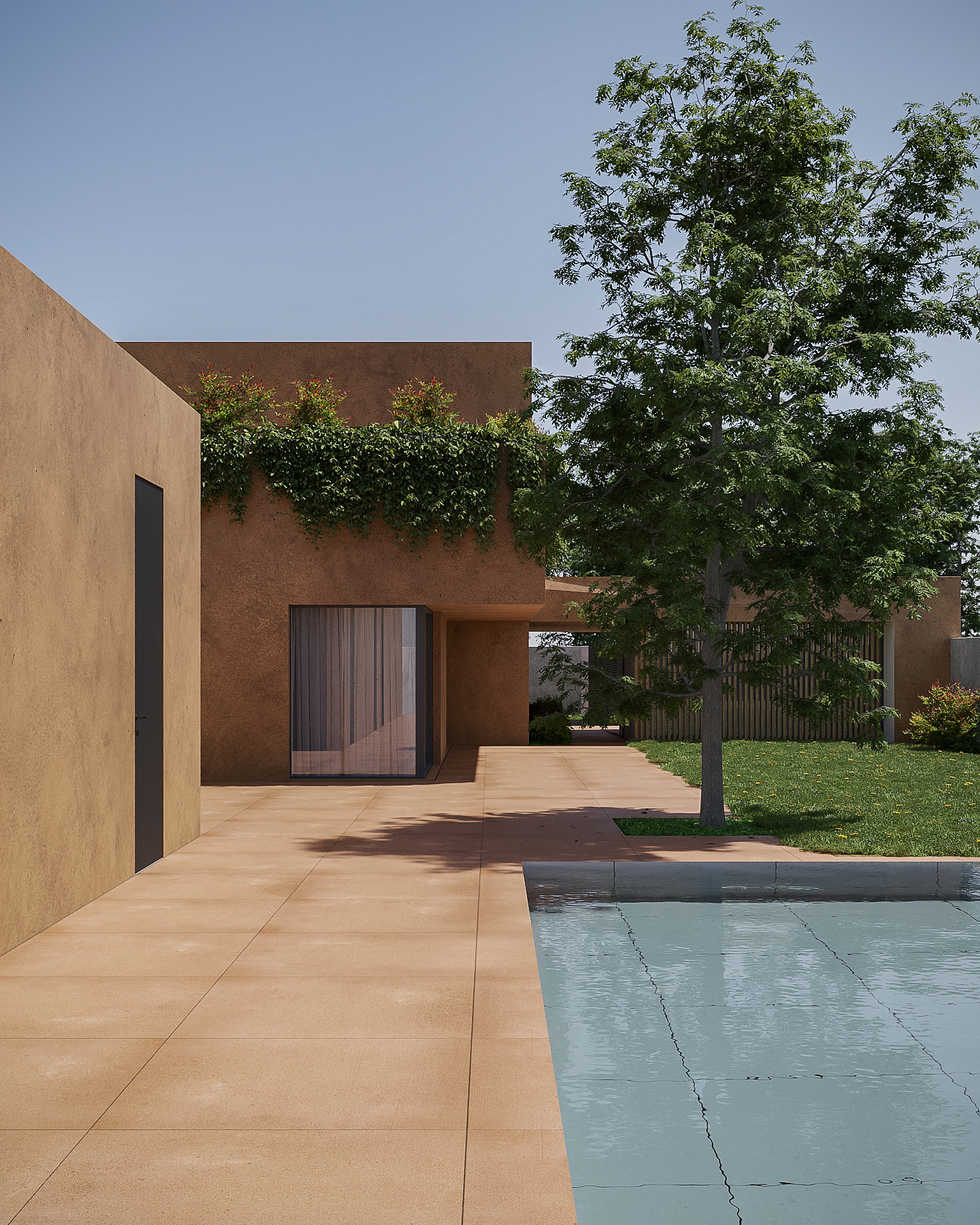 Residential swimming pool 3D visualization Residential swimming pool 3D visualization with natural stone paving and garden views