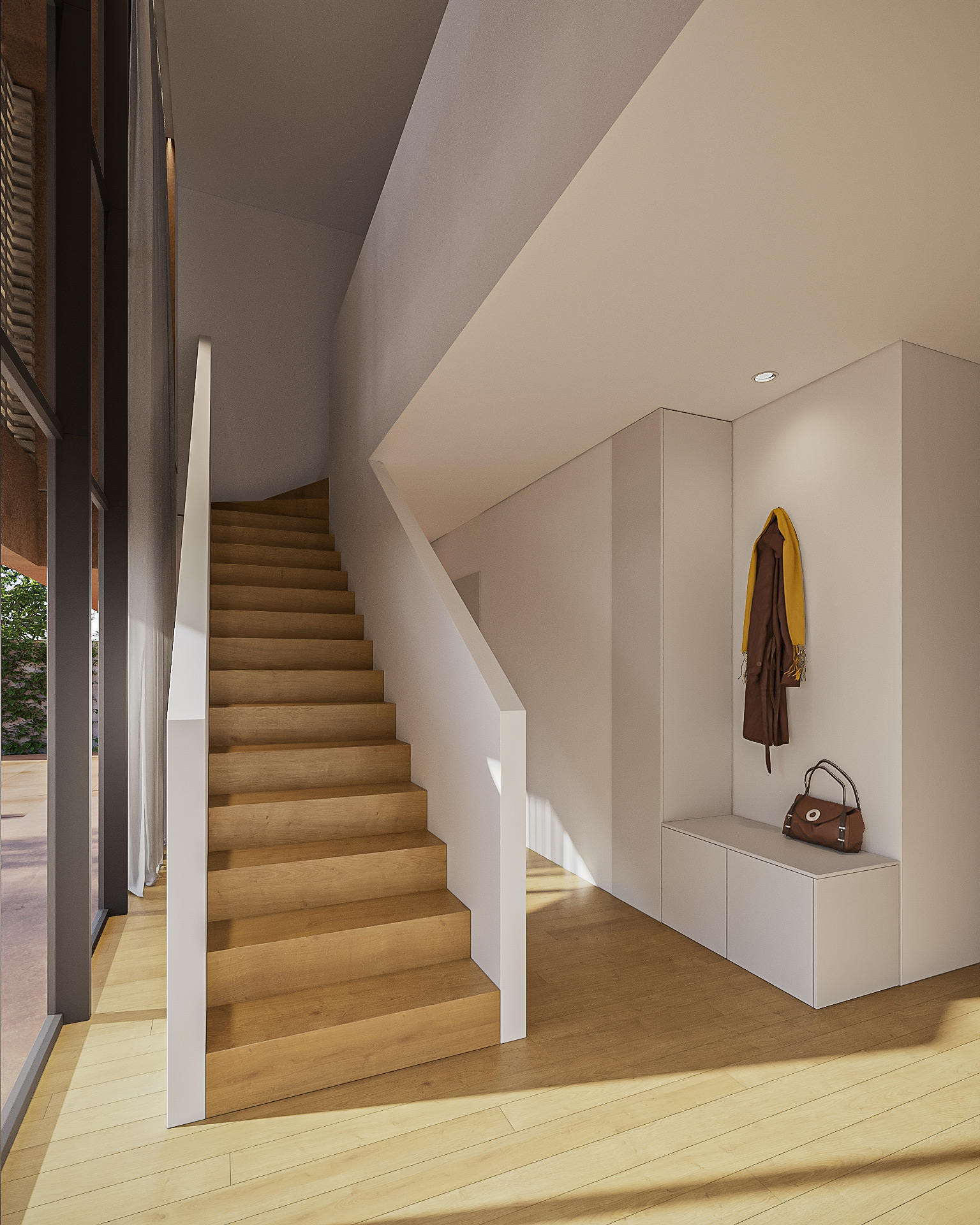 Grand entrance hall render with double-height void Grand entrance hall render with double-height void, open staircase and built-in storage