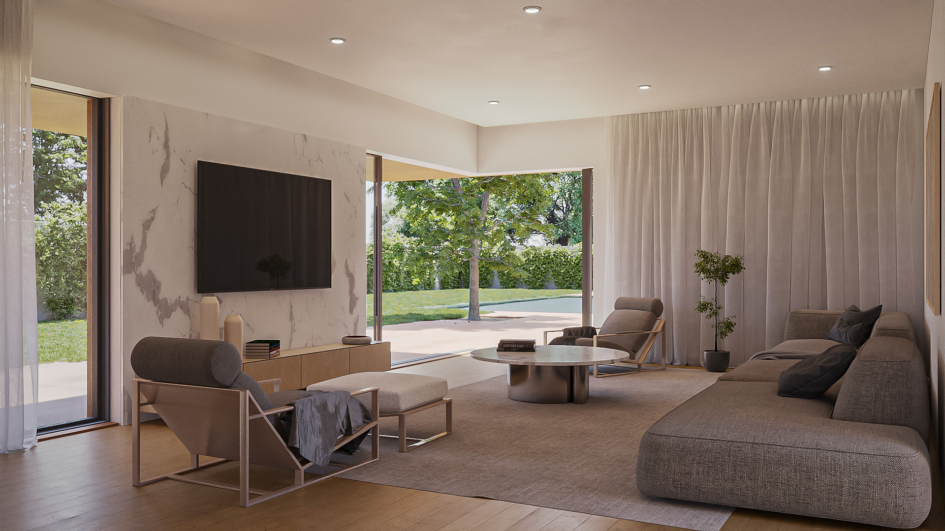 Contemporary sitting room render with accent wall Contemporary sitting room render with accent wall and comfortable seating