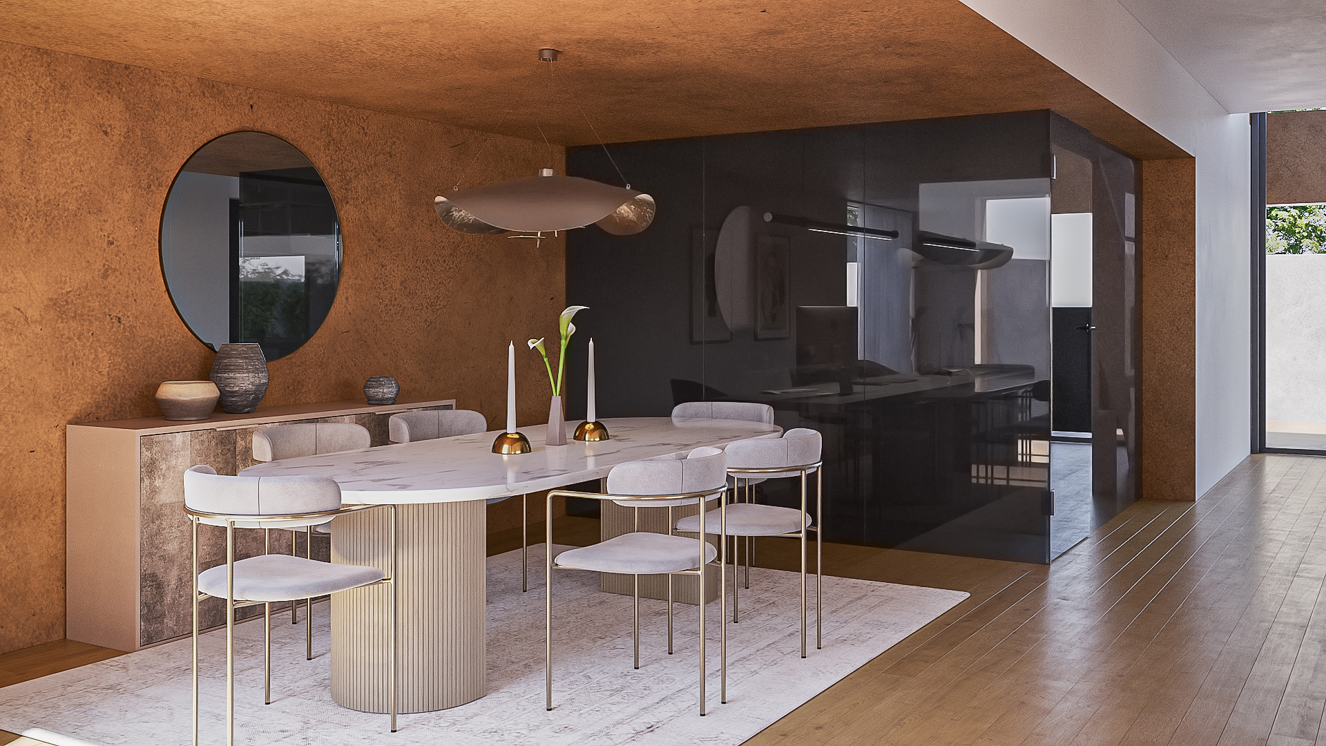 CGI dining space with marble table and glassed walls CGI dining space with open layout, marble table, soft ambient lighting and glassed walls