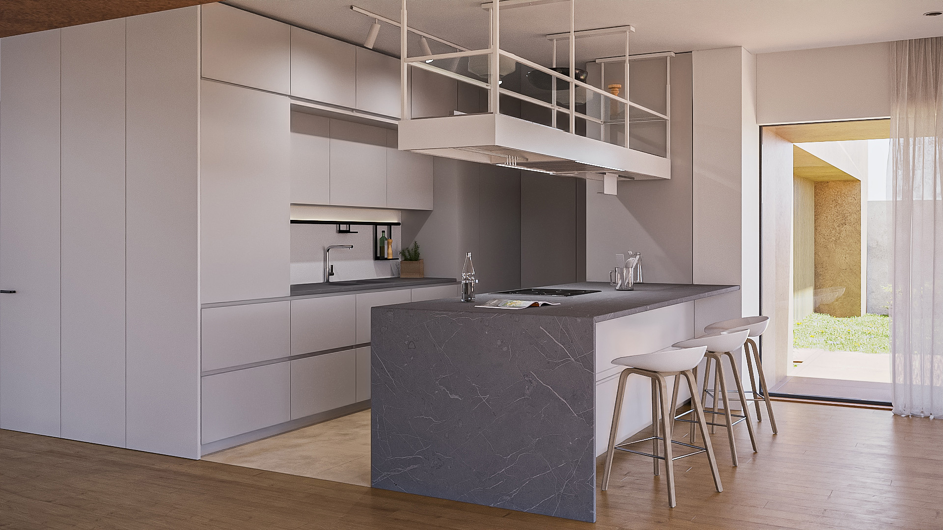 Kitchen interior render with dark stone Contemporary kitchen interior render with dark stone, integrated hood and handleless cabinets