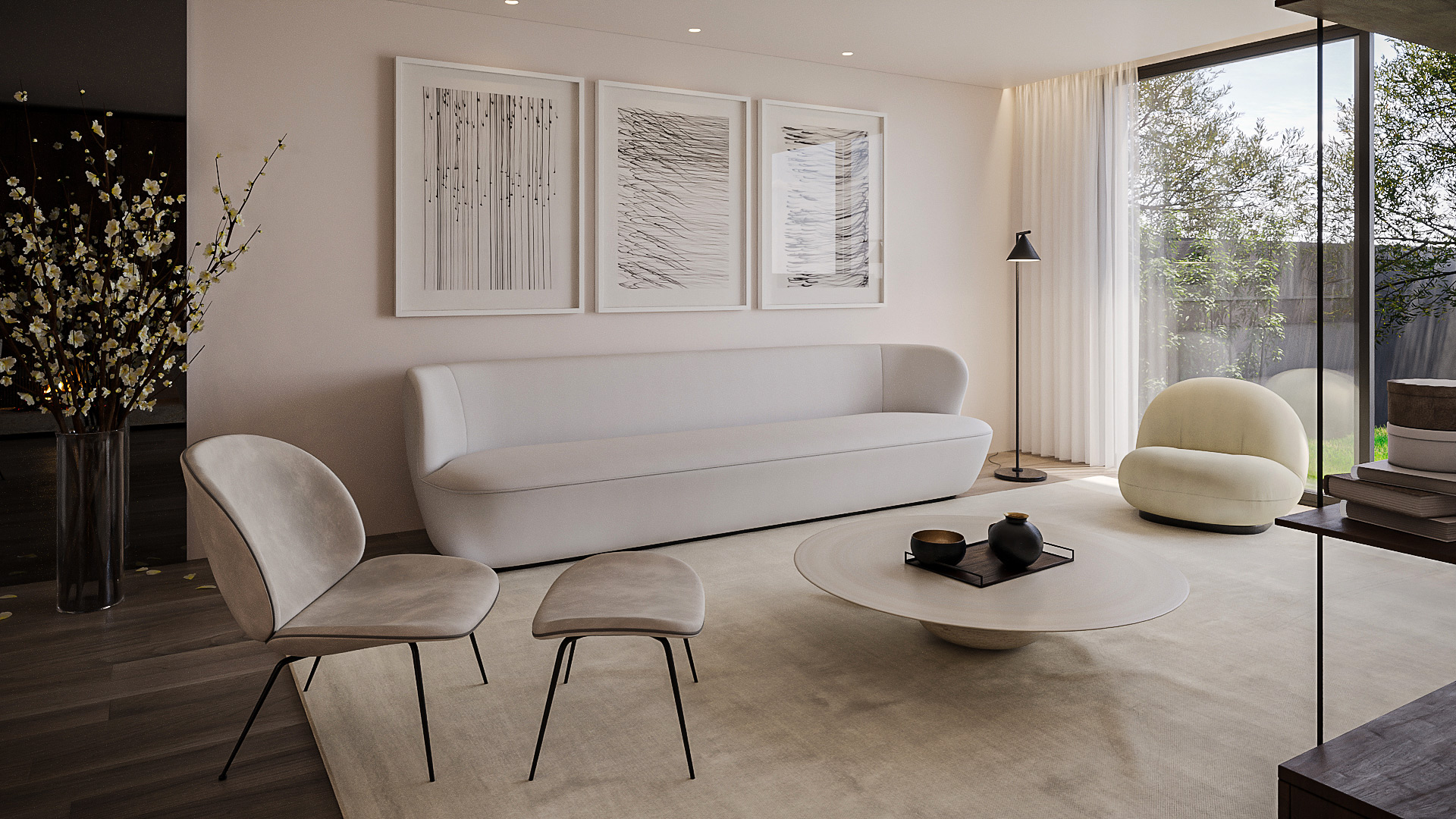 Photorealistic lounge interior render with statement sofa, artwork and floor lamp lighting