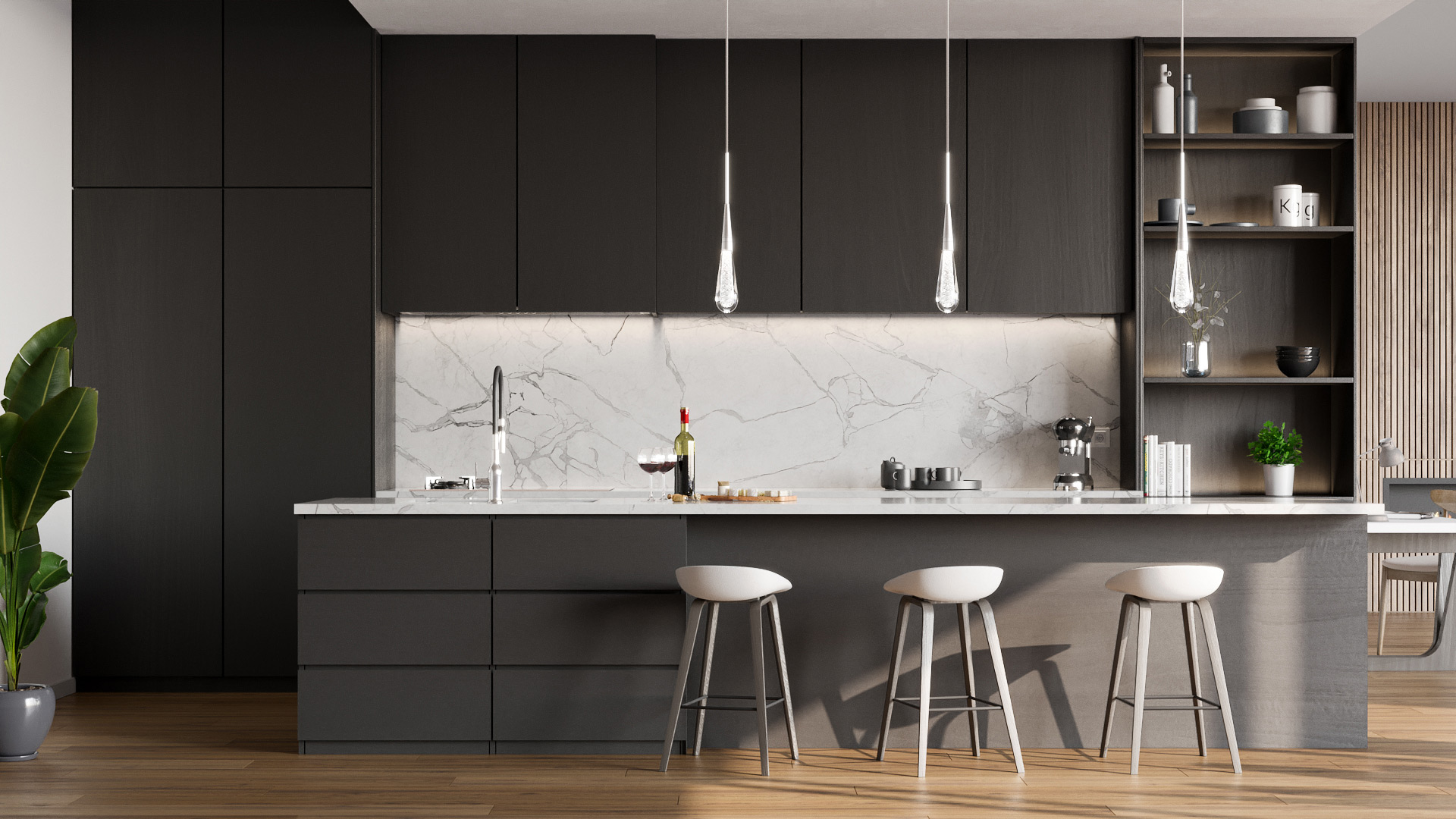 Architectural visualization of a luxury dark kitchen with island and pendant lighting