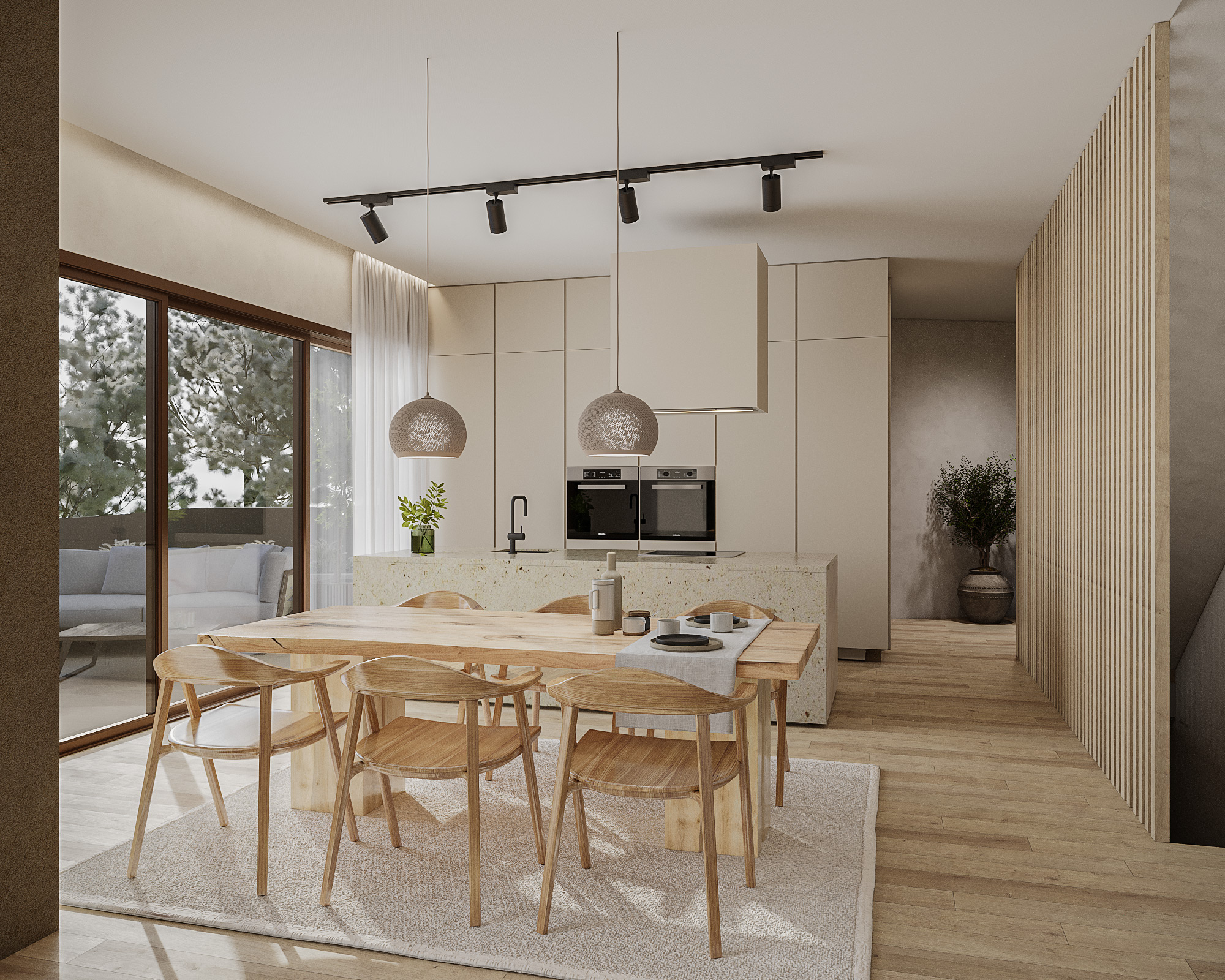 Photorealistic 3D visualization of a modern open-plan kitchen and dinning room with island, pendant lights and natural tones